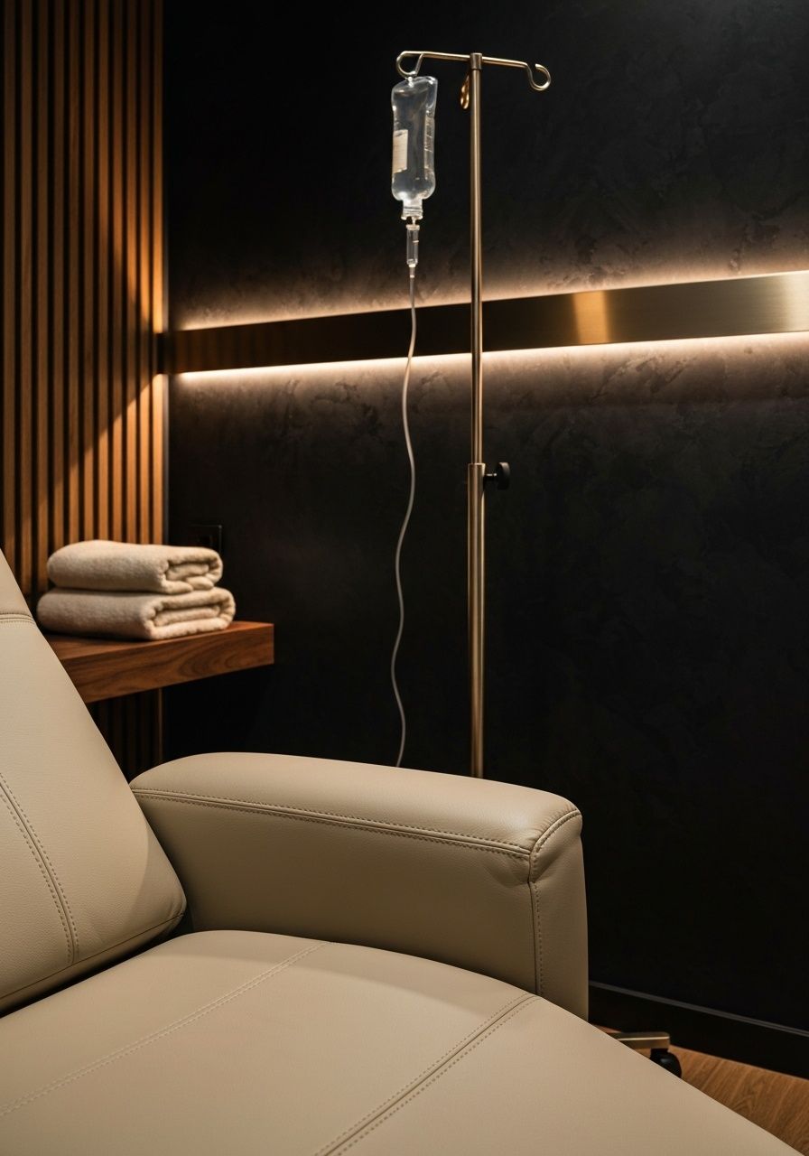Detail of a Serotonin Active treatment suite: recliner, IV stand, gold accent lighting